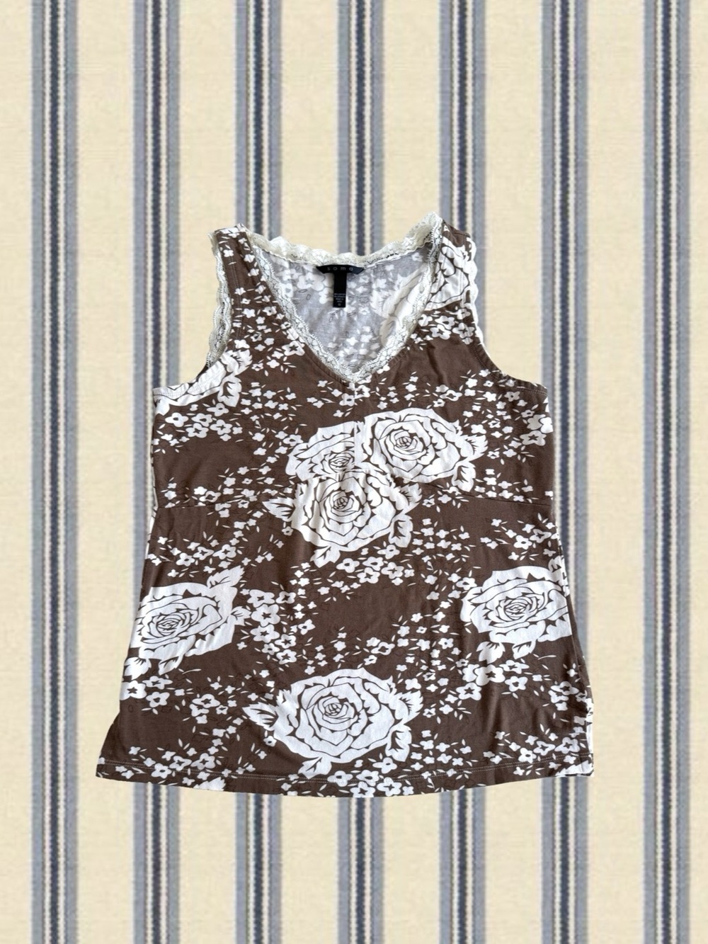 Soma Floral Lace Trim Tank Top in Brown & White Size Medium